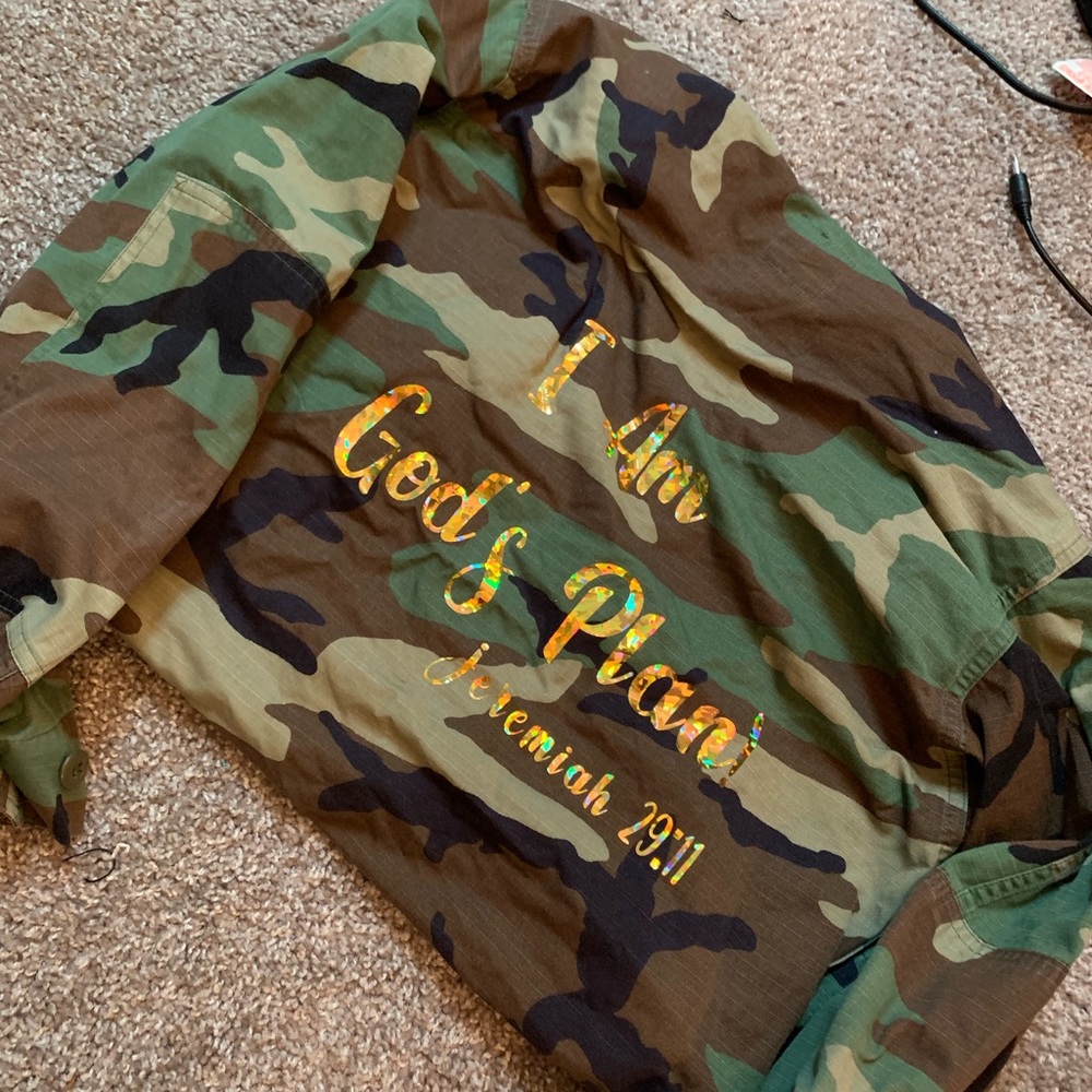 Custom army jacket with quote on the back.